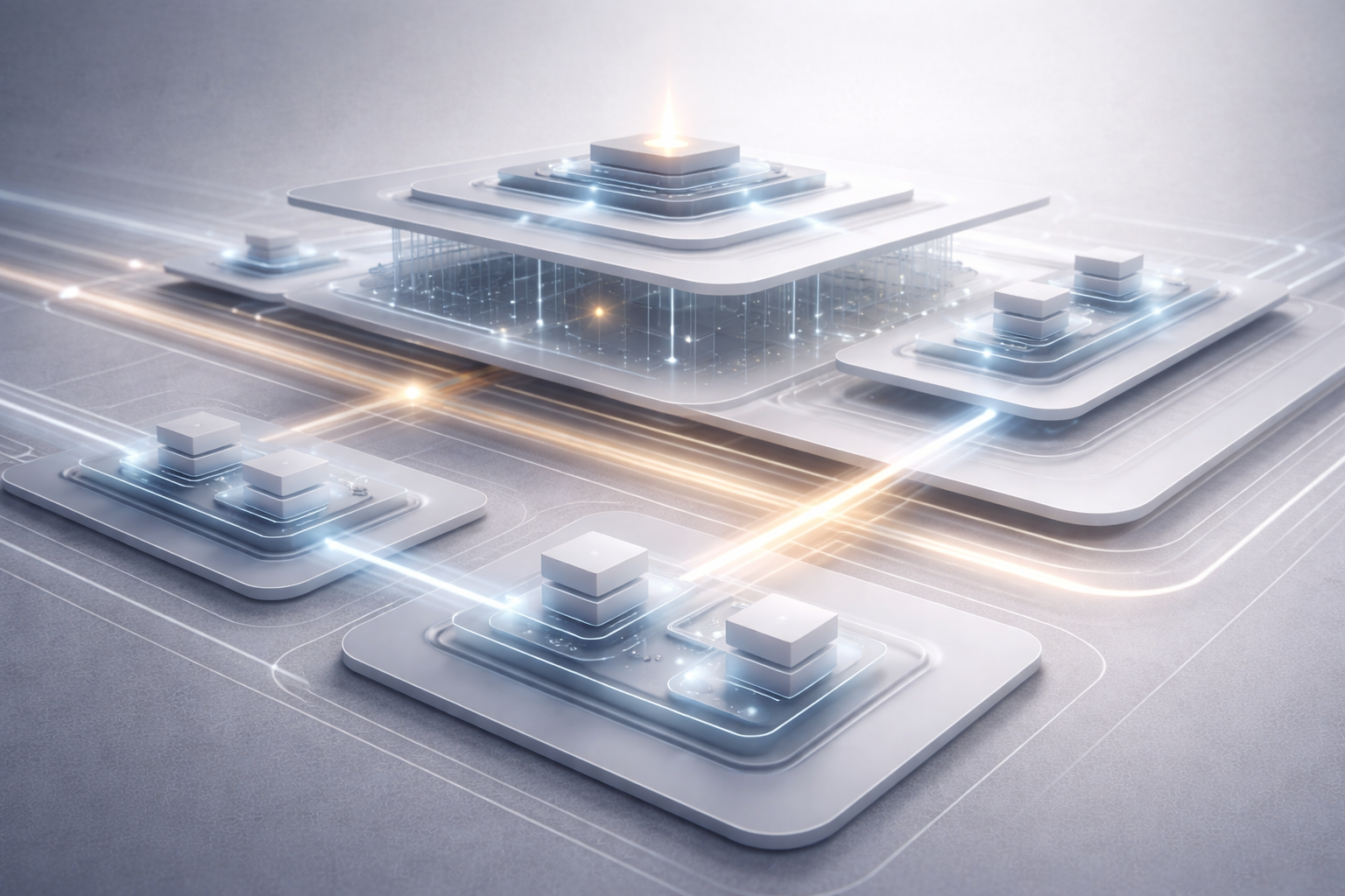 Conceptual system visualization showing modular no-code platforms enabling rapid iteration and adaptability.